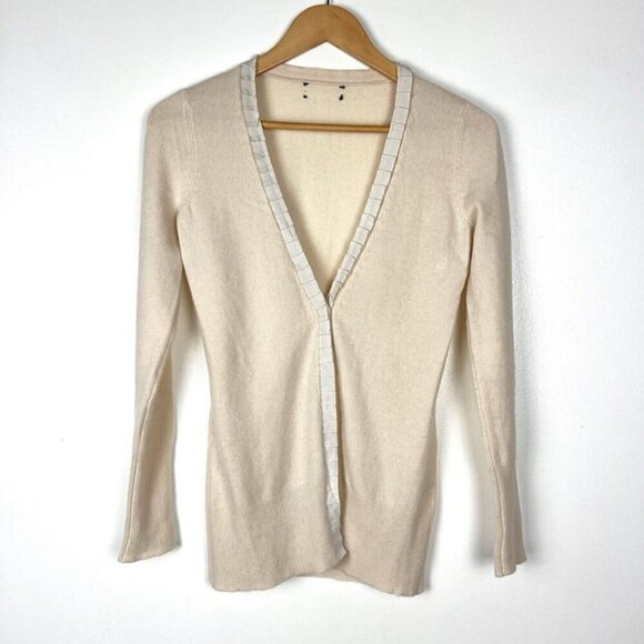 Cashmere Ivory Long Cardigan Sz XS / S Deep V Neck Capsule Office Business y2k - Picture 1 of 8